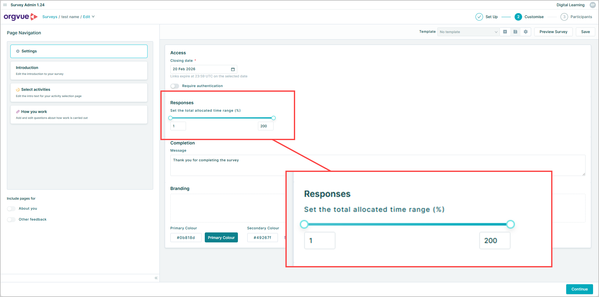 Screenshot of the Orgvue Survey Admin settings showing the total allocated time range for survey responses set from 1% to 200%, with the range control highlighted.